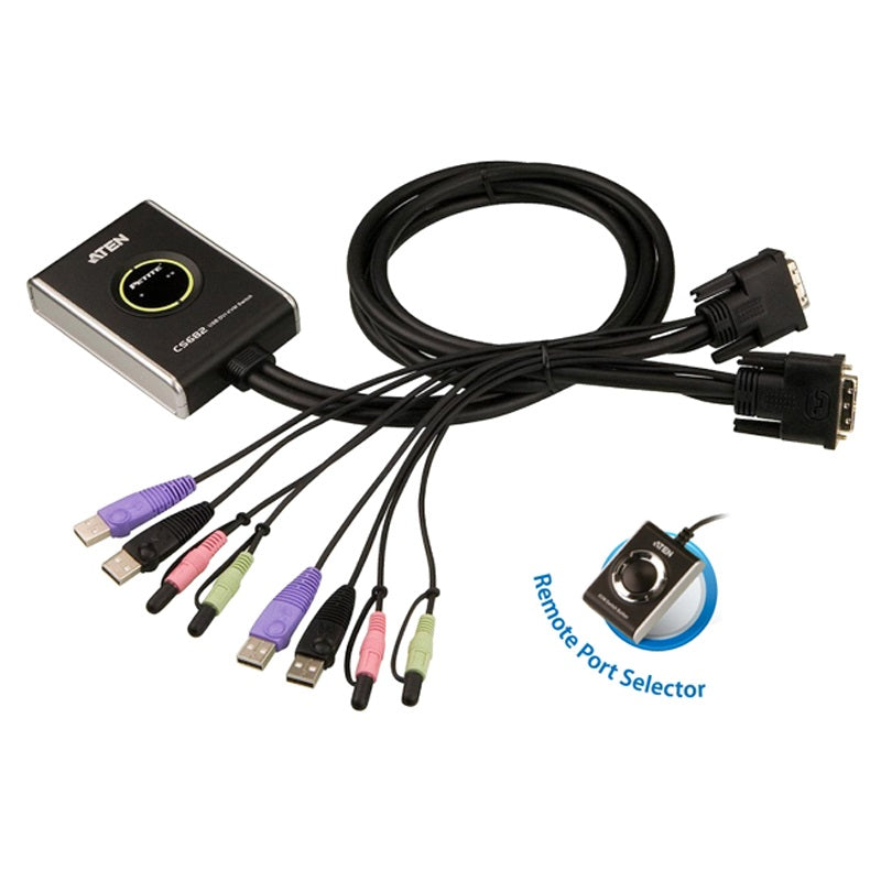 Aten Compact KVM Switch 2 Port Single Display DVI w/ audio, 1.2m Cable, Remote Port Selector, Aten Compact KVM Switch 2 Port Single Display DVI w/ audio, 1.2m Cable, Remote Port Selector,